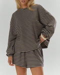 Willluxe® Oversized Striped Long Sleeve & Wide Leg Shorts Lounge Set