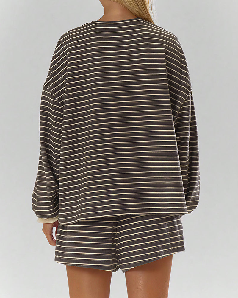 Willluxe® Oversized Striped Long Sleeve & Wide Leg Shorts Lounge Set