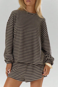 Willluxe® Oversized Striped Long Sleeve & Wide Leg Shorts Lounge Set