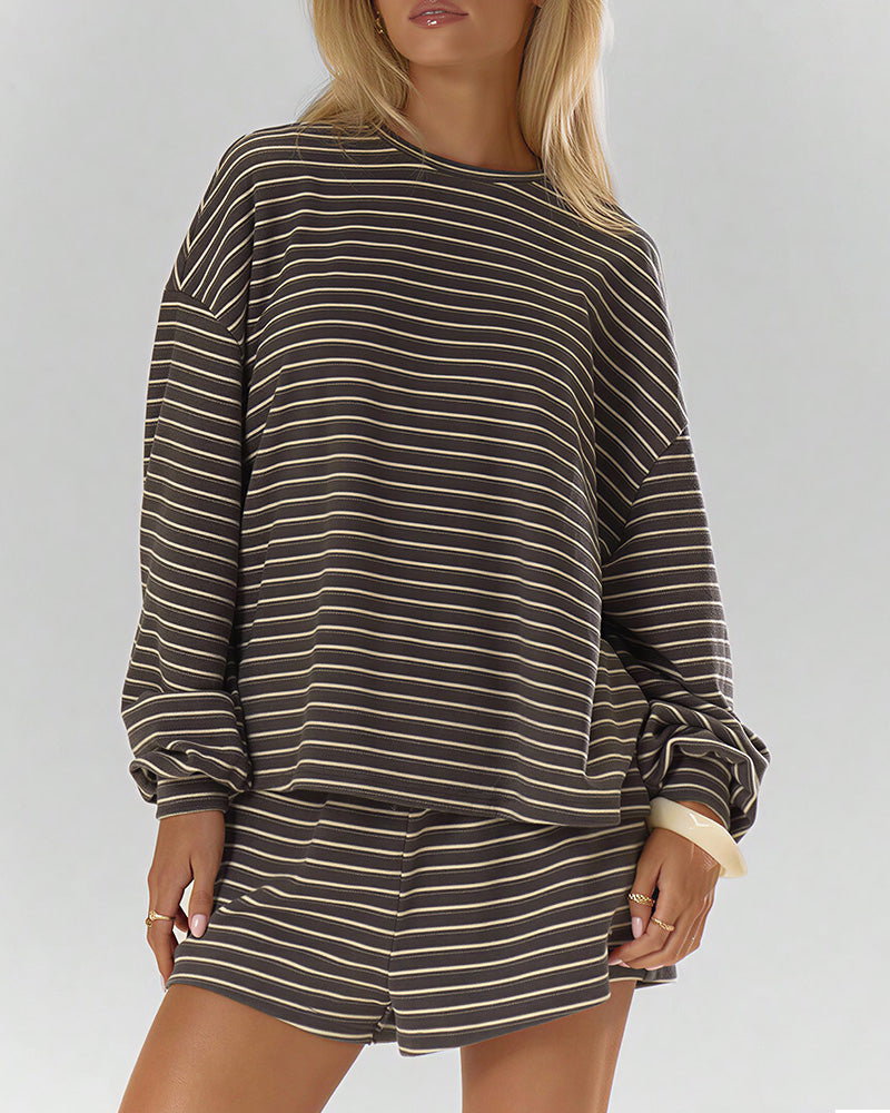 Willluxe® Oversized Striped Long Sleeve & Wide Leg Shorts Lounge Set