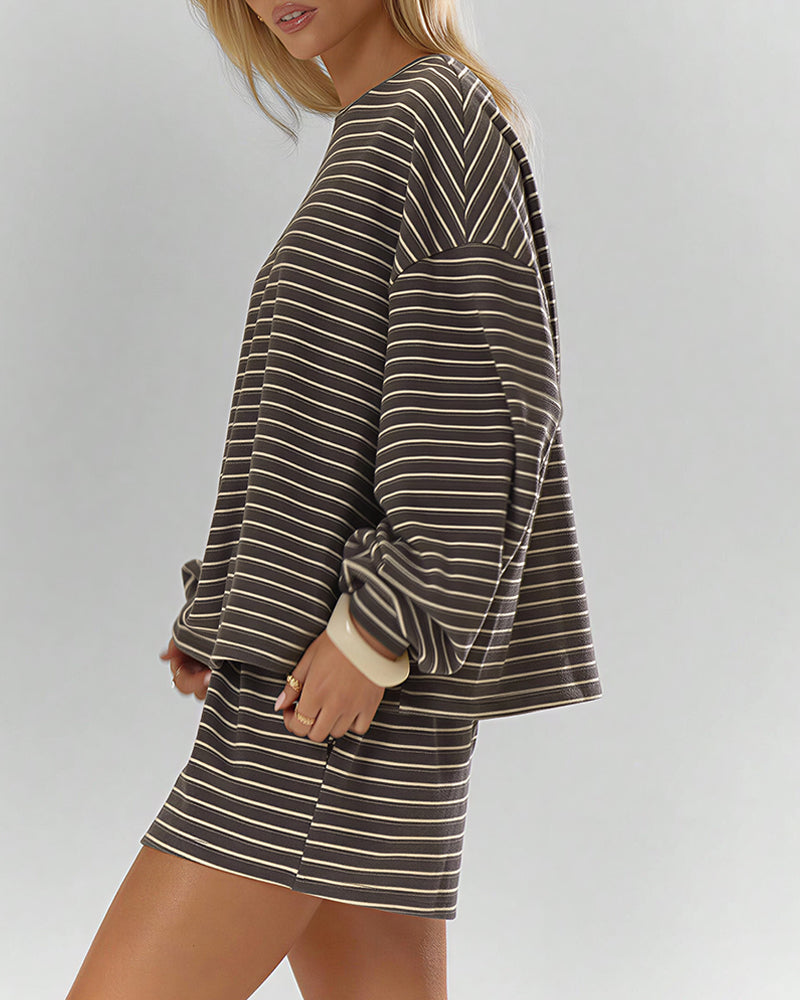 Willluxe® Oversized Striped Long Sleeve & Wide Leg Shorts Lounge Set