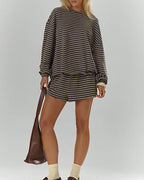 Willluxe® Oversized Striped Long Sleeve & Wide Leg Shorts Lounge Set
