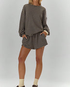 Willluxe® Oversized Striped Long Sleeve & Wide Leg Shorts Lounge Set