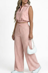 Willluxe® Sleeveless Collared Crop Top & Geometric Wide-Leg Pants Set
