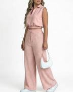 Willluxe® Sleeveless Collared Crop Top & Geometric Wide-Leg Pants Set