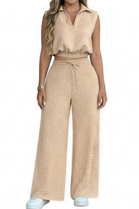 Willluxe® Sleeveless Collared Crop Top & Geometric Wide-Leg Pants Set