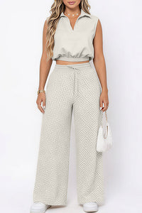 Willluxe® Sleeveless Collared Crop Top & Geometric Wide-Leg Pants Set