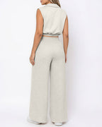 Willluxe® Sleeveless Collared Crop Top & Geometric Wide-Leg Pants Set