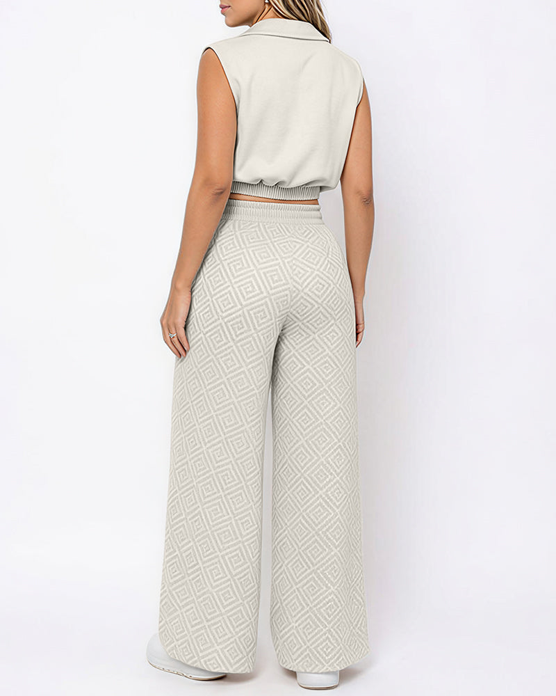 Willluxe® Sleeveless Collared Crop Top & Geometric Wide-Leg Pants Set