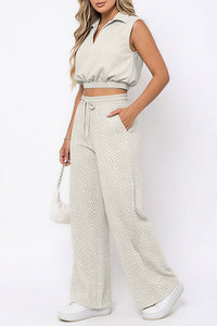 Willluxe® Sleeveless Collared Crop Top & Geometric Wide-Leg Pants Set