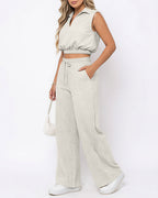 Willluxe® Sleeveless Collared Crop Top & Geometric Wide-Leg Pants Set