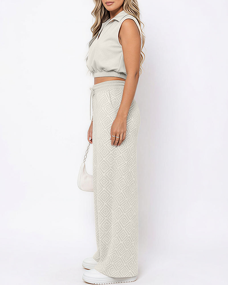 Willluxe® Sleeveless Collared Crop Top & Geometric Wide-Leg Pants Set