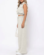 Willluxe® Sleeveless Collared Crop Top & Geometric Wide-Leg Pants Set
