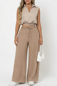 Willluxe® Sleeveless Collared Crop Top & Geometric Wide-Leg Pants Set