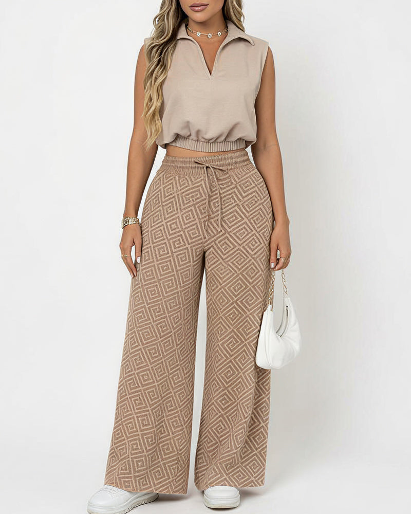 Willluxe® Sleeveless Collared Crop Top & Geometric Wide-Leg Pants Set