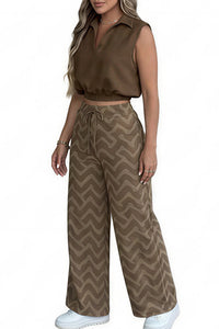 Willluxe® Sleeveless Collared Crop Top & Geometric Wide-Leg Pants Set