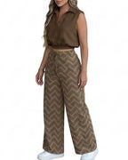 Willluxe® Sleeveless Collared Crop Top & Geometric Wide-Leg Pants Set