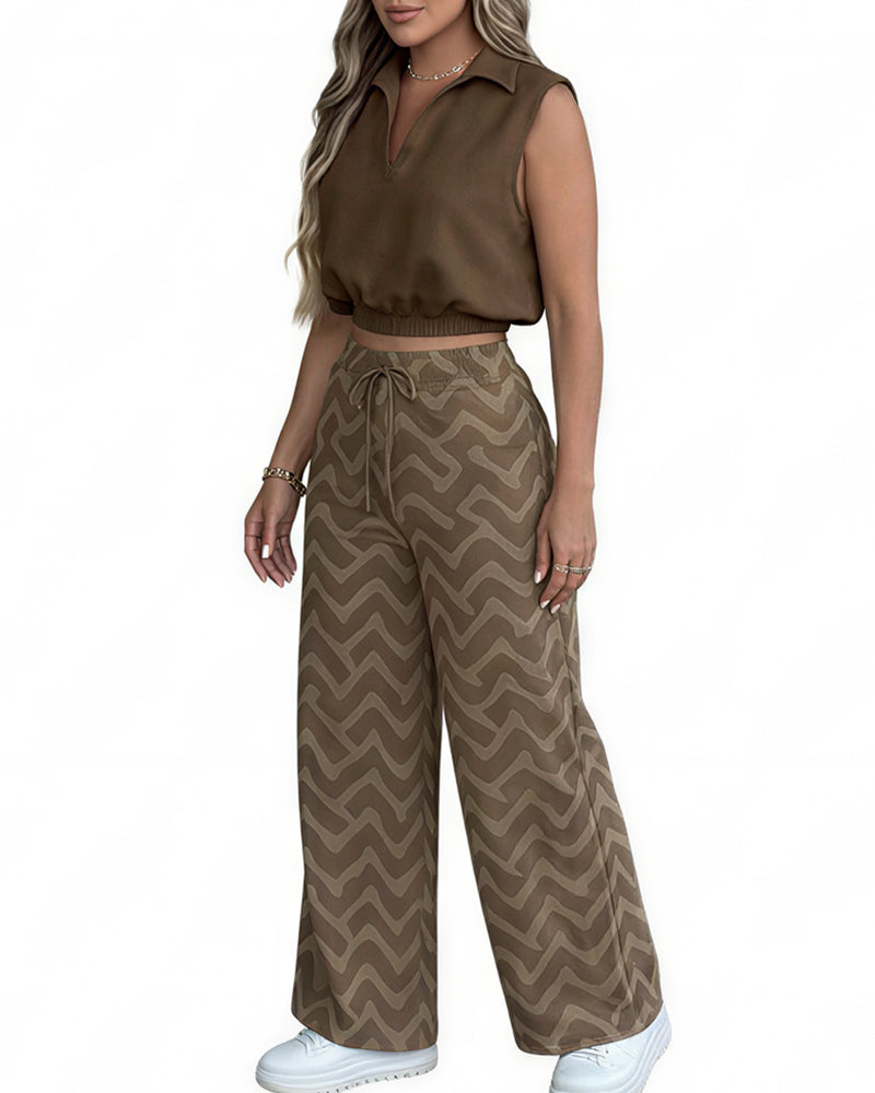 Willluxe® Sleeveless Collared Crop Top & Geometric Wide-Leg Pants Set