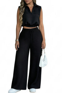 Willluxe® Sleeveless Collared Crop Top & Geometric Wide-Leg Pants Set