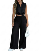 Willluxe® Sleeveless Collared Crop Top & Geometric Wide-Leg Pants Set