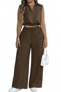 Willluxe® Sleeveless Collared Crop Top & Geometric Wide-Leg Pants Set
