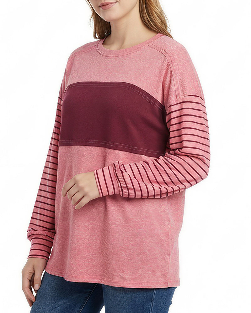 Willluxe® Color Block Striped Long Sleeve Crew Neck Pullover T-Shirt