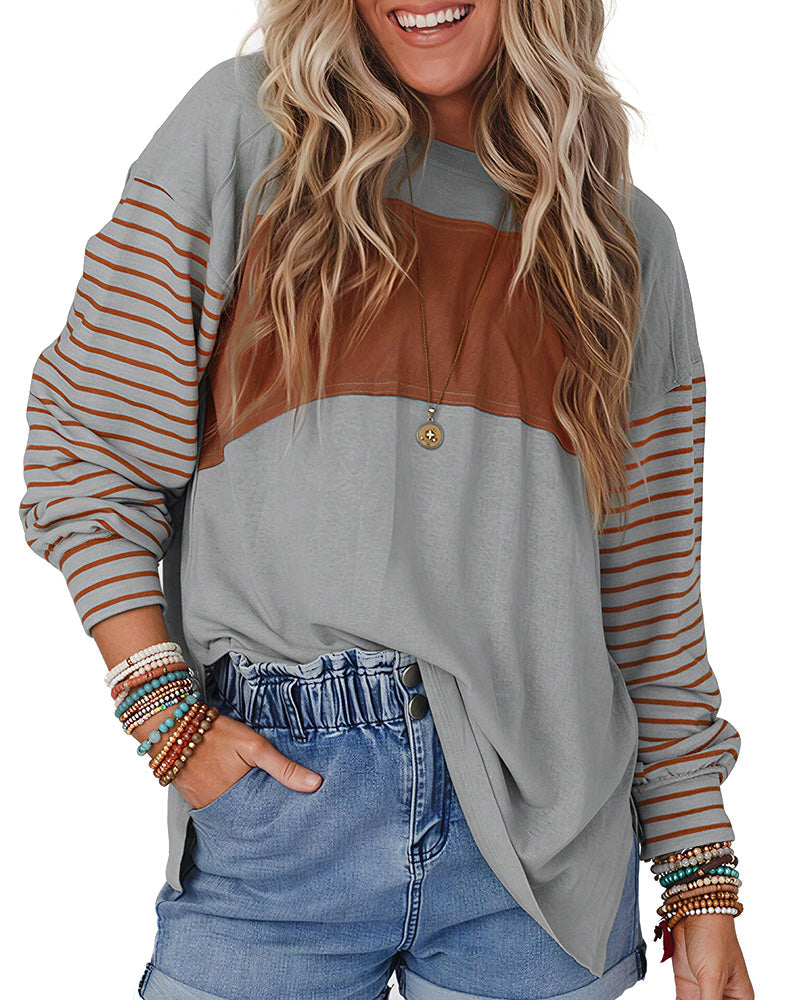 Willluxe® Color Block Striped Long Sleeve Crew Neck Pullover T-Shirt