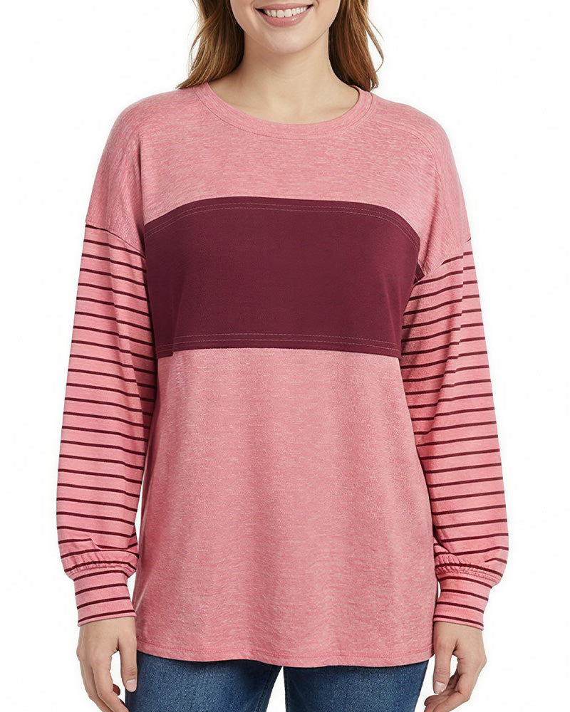 Willluxe® Color Block Striped Long Sleeve Crew Neck Pullover T-Shirt