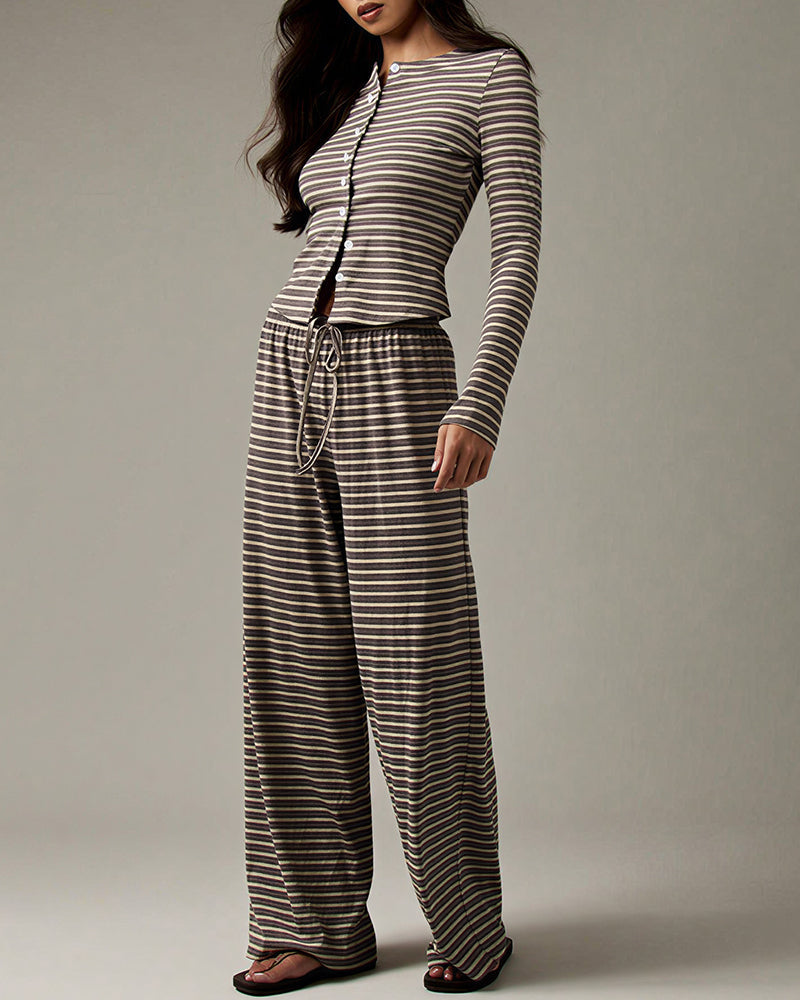Willluxe® Button-Down Striped Knit Lounge Set