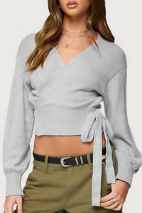 Willluxe® V-Neck Crossover Tie-Waist Knit Top