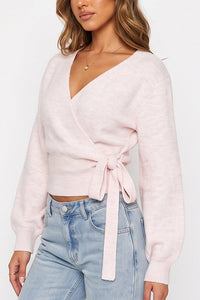 Willluxe® V-Neck Crossover Tie-Waist Knit Top