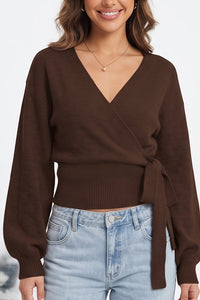 Willluxe® V-Neck Crossover Tie-Waist Knit Top