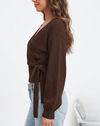 Willluxe® V-Neck Crossover Tie-Waist Knit Top