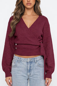 Willluxe® V-Neck Crossover Tie-Waist Knit Top