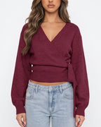 Willluxe® V-Neck Crossover Tie-Waist Knit Top