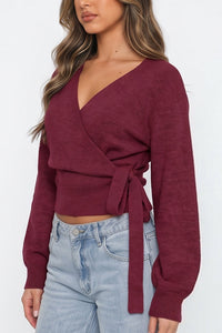 Willluxe® V-Neck Crossover Tie-Waist Knit Top