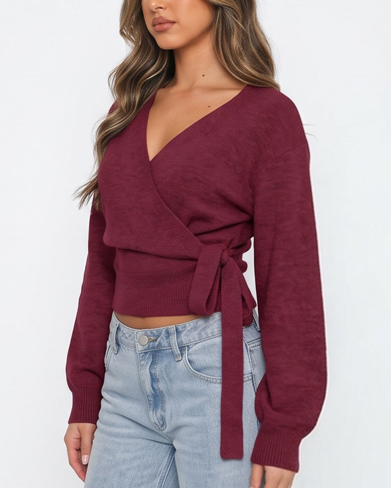 Willluxe® V-Neck Crossover Tie-Waist Knit Top