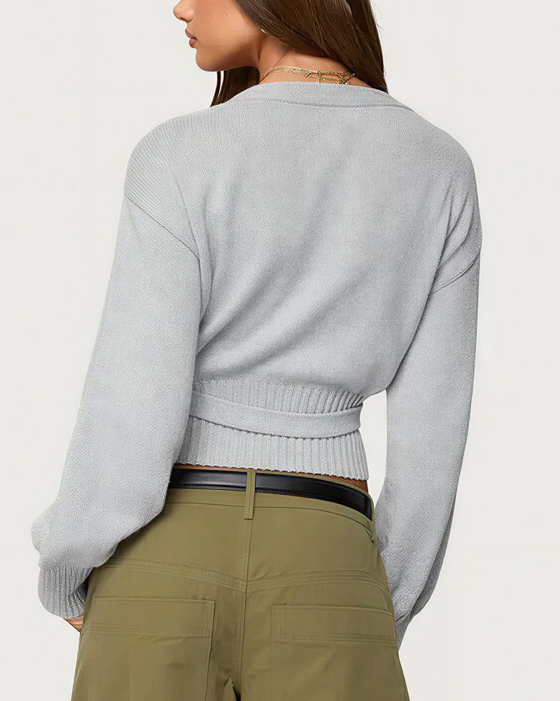 Willluxe® V-Neck Crossover Tie-Waist Knit Top