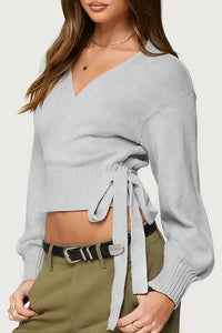 Willluxe® V-Neck Crossover Tie-Waist Knit Top