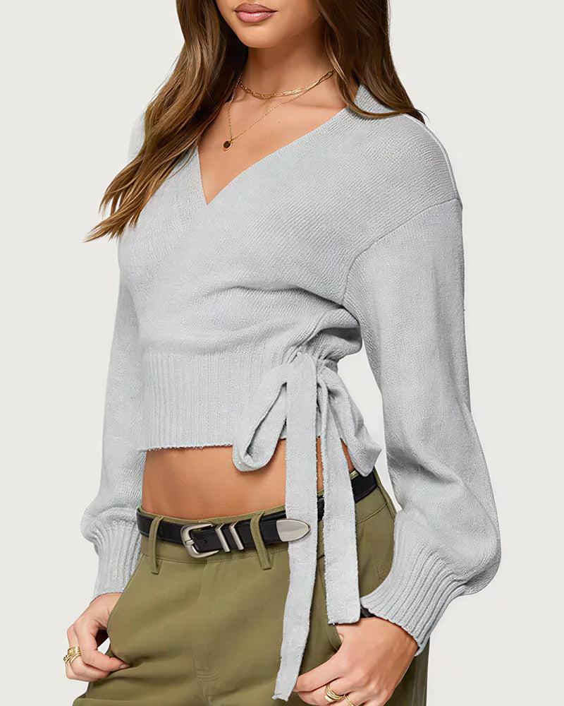 Willluxe® V-Neck Crossover Tie-Waist Knit Top