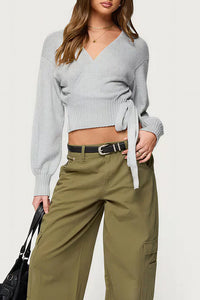 Willluxe® V-Neck Crossover Tie-Waist Knit Top