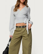 Willluxe® V-Neck Crossover Tie-Waist Knit Top