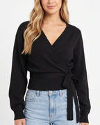 Willluxe® V-Neck Crossover Tie-Waist Knit Top