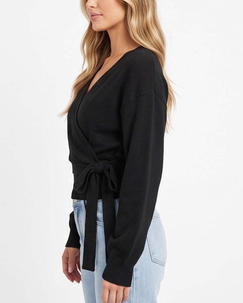 Willluxe® V-Neck Crossover Tie-Waist Knit Top