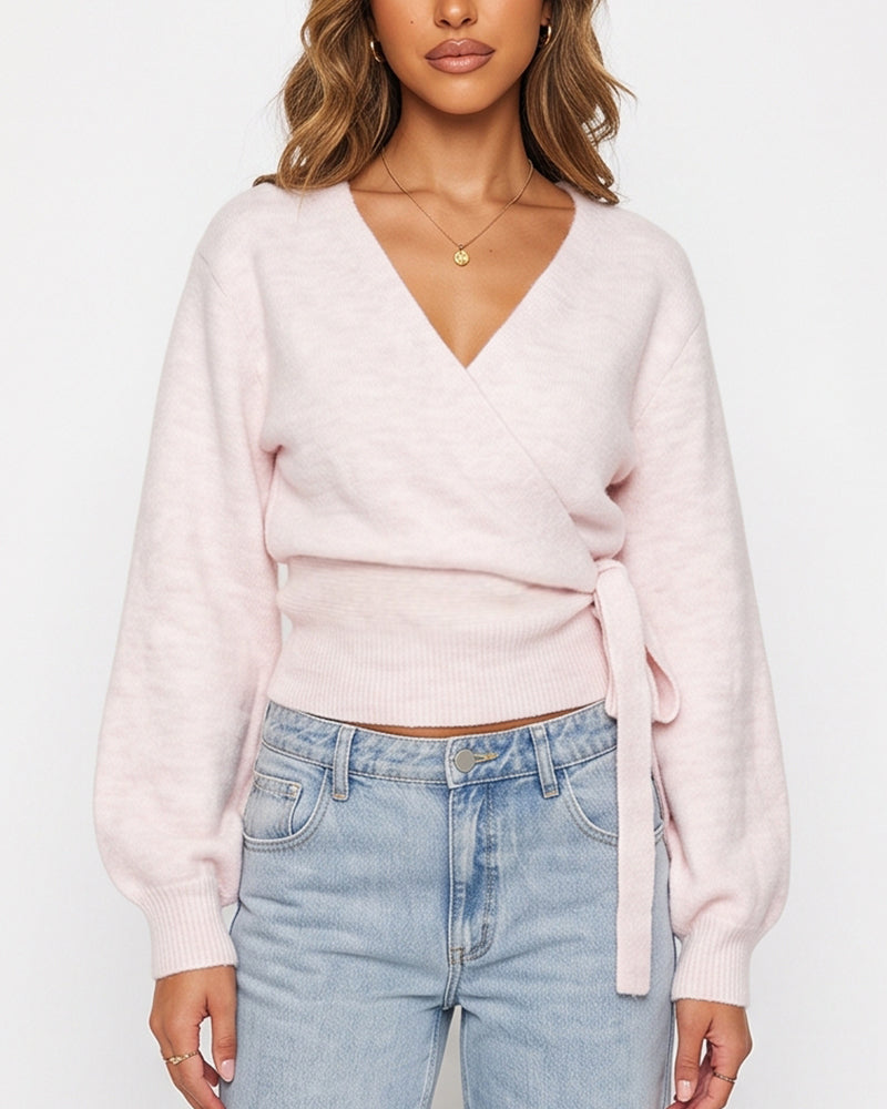 Willluxe® V-Neck Crossover Tie-Waist Knit Top