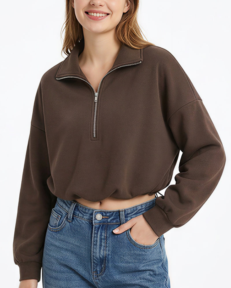 Willluxe® Half-Zip Cropped Sweatshirt with Adjustable Drawstring Hem