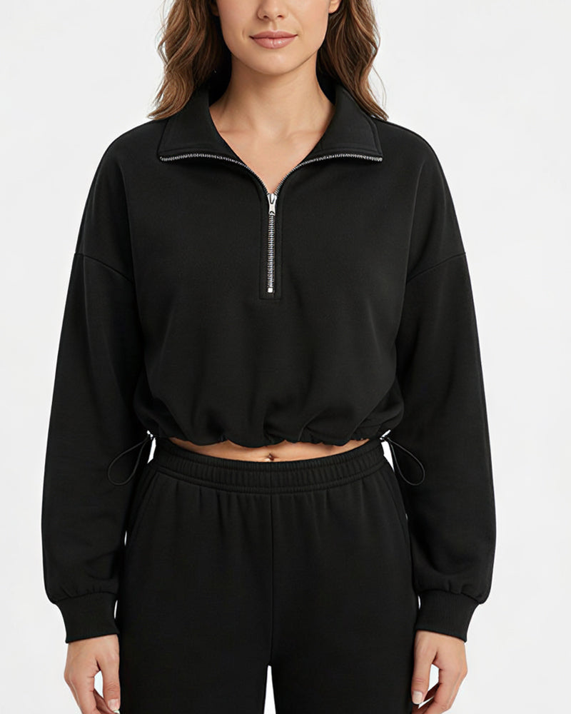 Willluxe® Half-Zip Cropped Sweatshirt with Adjustable Drawstring Hem