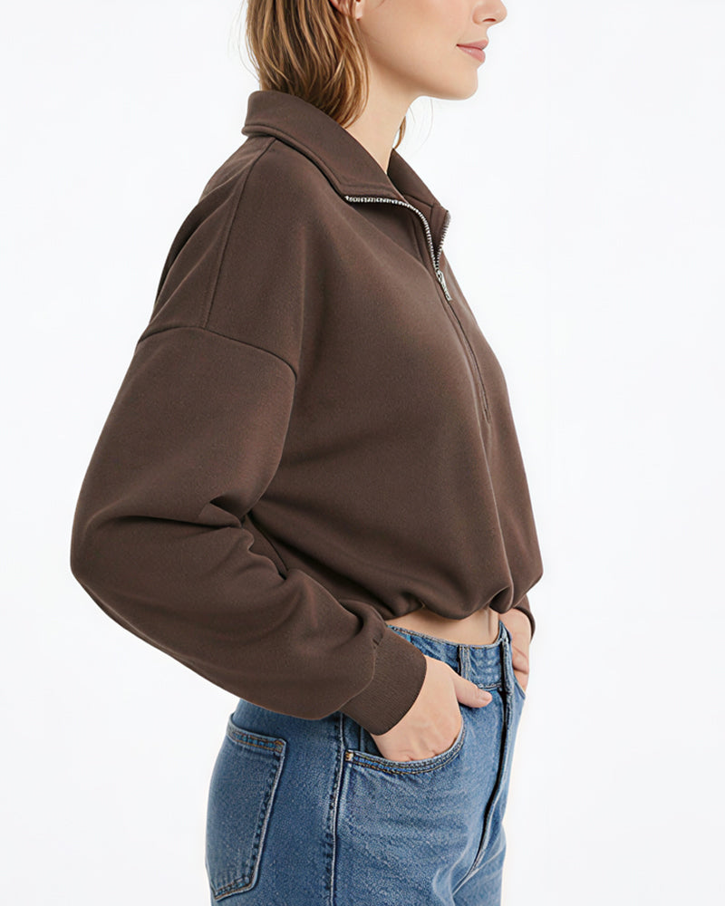 Willluxe® Half-Zip Cropped Sweatshirt with Adjustable Drawstring Hem