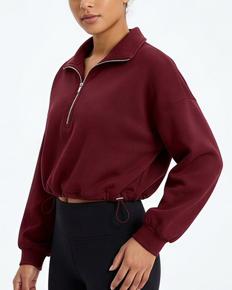 Willluxe® Half-Zip Cropped Sweatshirt with Adjustable Drawstring Hem