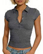 Willluxe® Slim Fit V-Neck Button Up Crop Top